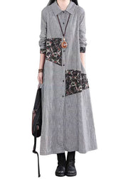 Loose Black White Plaid Peter Pan Collar Patchwork Cotton Long Dress Fall