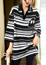 Loose Black White Striped Square Collar Cotton T Shirts Bracelet Sleeve