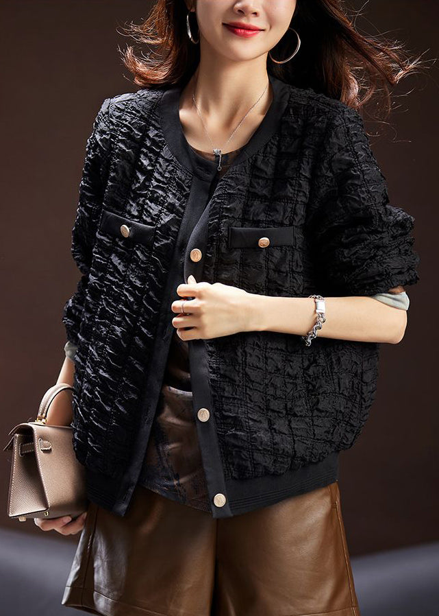 Loose Black Wrinkled Button Cotton Coat Long Sleeve