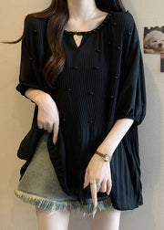 Loose Black Wrinkled Nail Bead Chiffon Shirts Half Sleeve