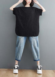 Loose Black Wrinkled Side Open Cotton T Shirt Top Summer