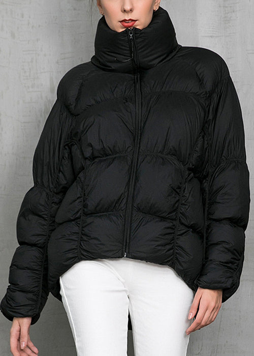 Loose Black Zip Up Drawstring Pockets Duck Down Coat Winter