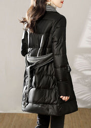 Loose Black Zip Up Tie Waist Patchwork Cotton Filled Coat Winter