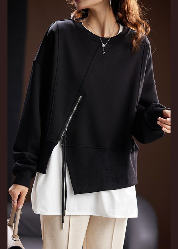 Loose Black Zippered Front Open Cotton Sweatshirt Long Sleeve