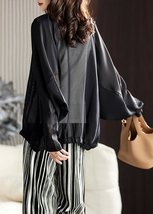 Loose Black Zippered Hollow Out Coats Batwing Sleeve