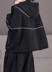 Loose Black Zippered Patchwork Pockets Cotton Hooded Coat Long Sleeve