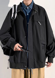 Loose Black Zippered Pockets Solid Cotton Mens Coats Spring