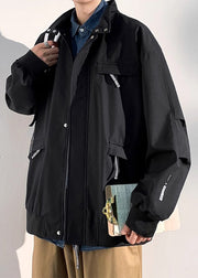 Loose Black Zippered Pockets Solid Cotton Mens Coats Spring