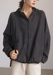 Loose Black Zippered Striped Hooded Coats Spring