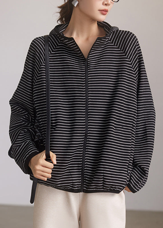 Loose Black Zippered Striped Hooded Coats Spring