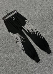 Loose Black Zircon Elastic Waist Cotton Crop Pants Spring