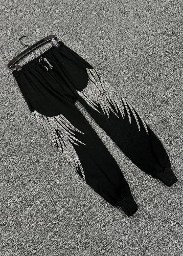 Loose Black Zircon Elastic Waist Cotton Crop Pants Fall