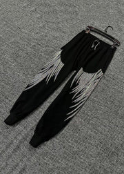 Loose Black Zircon Elastic Waist Cotton Crop Pants Spring