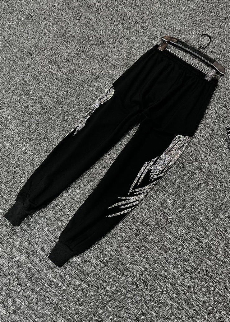 Loose Black Zircon Elastic Waist Cotton Crop Pants Spring