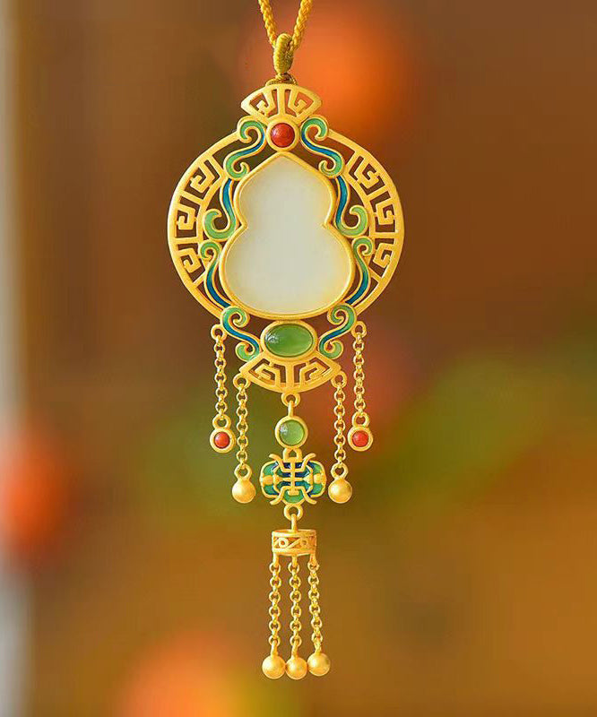 Loose Blackish Green Ancient Gold Jade Agate Tassel Pendant Necklace