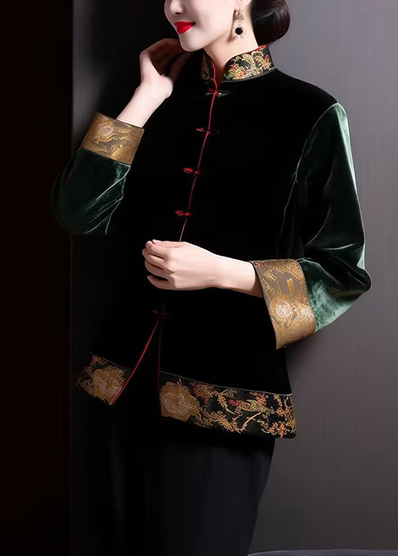 Loose Blackish Green Embroidered Button Silk Coats Long Sleeve