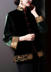 Loose Blackish Green Embroidered Button Silk Coats Long Sleeve