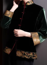 Loose Blackish Green Embroidered Button Silk Coats Long Sleeve