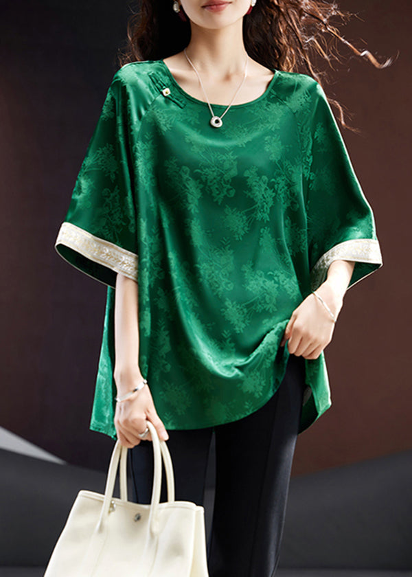 Loose Blackish Green O Neck Jacquard Silk Shirt Top Summer