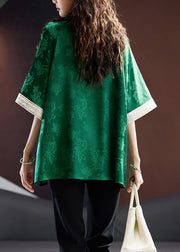 Loose Blackish Green O Neck Jacquard Silk Shirt Top Summer