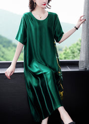 Loose Blackish Green O Neck Print Silk Long Dress Summer