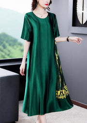 Loose Blackish Green O Neck Print Silk Long Dress Summer