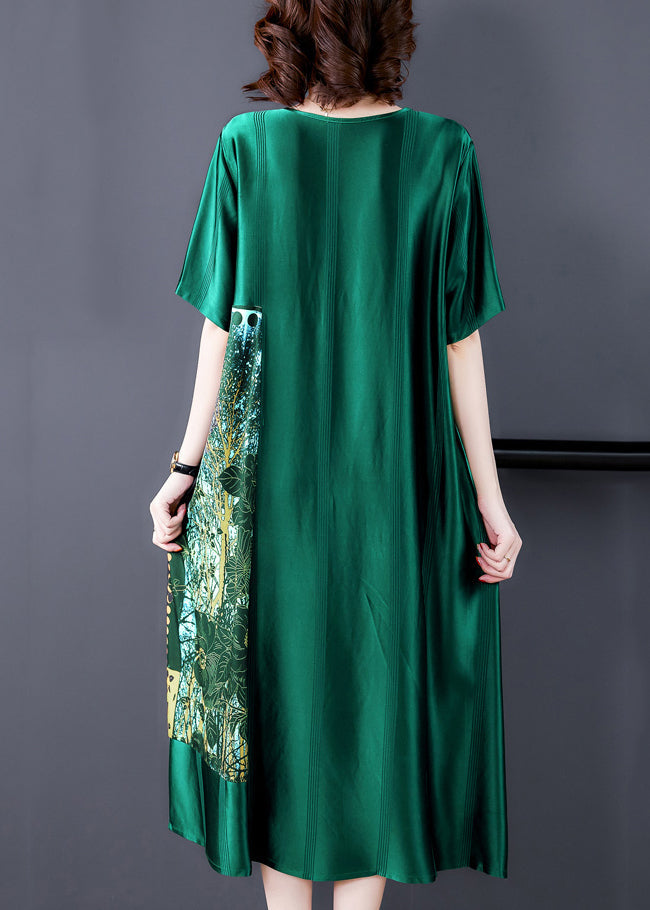 Loose Blackish Green O Neck Print Silk Long Dress Summer