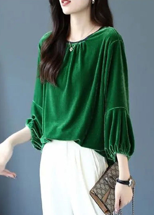 Loose Blackish Green O Neck Solid Silk Velour Tops Spring