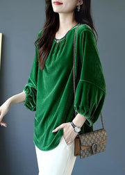 Loose Blackish Green O Neck Solid Silk Velour Tops Spring