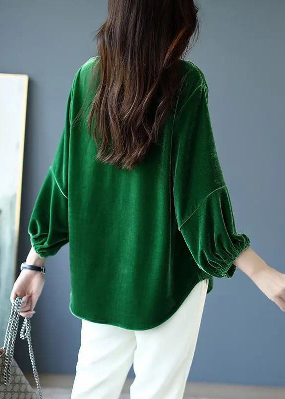 Loose Blackish Green O Neck Solid Silk Velour Tops Spring