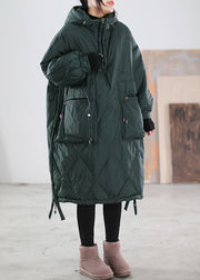 Loose Blackish Green Zippered Patchwork Maxi Hooded Duck Down Down Coats Winter