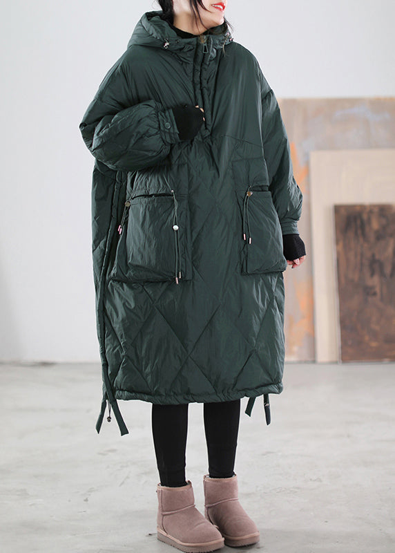 Loose Blackish Green Zippered Patchwork Maxi Hooded Duck Down Down Coats Winter