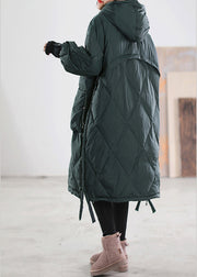 Loose Blackish Green Zippered Patchwork Maxi Hooded Duck Down Down Coats Winter