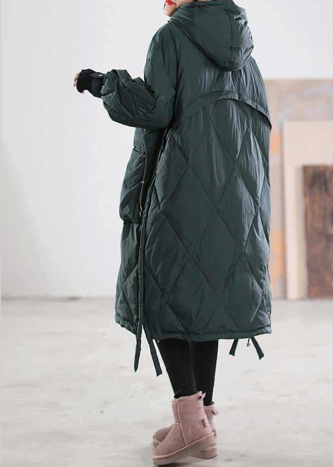 Loose Blackish Green Zippered Patchwork Maxi Hooded Cotton blend Down Coats Winter