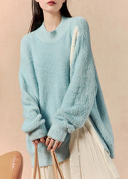 Loose Blue Asymmetrical Front Open Mink Hair Knitted Sweater Winter