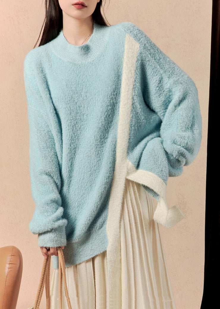 Loose Blue Asymmetrical Front Open Mink Hair Knitted Sweater Winter