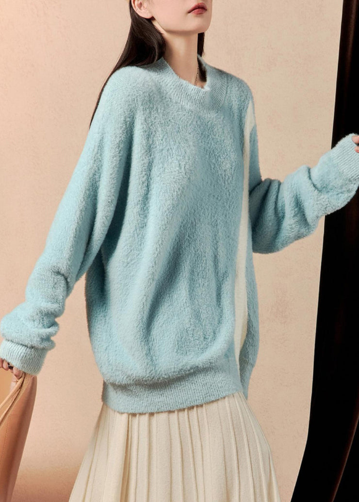 Loose Blue Asymmetrical Front Open Mink Hair Knitted Sweater Winter