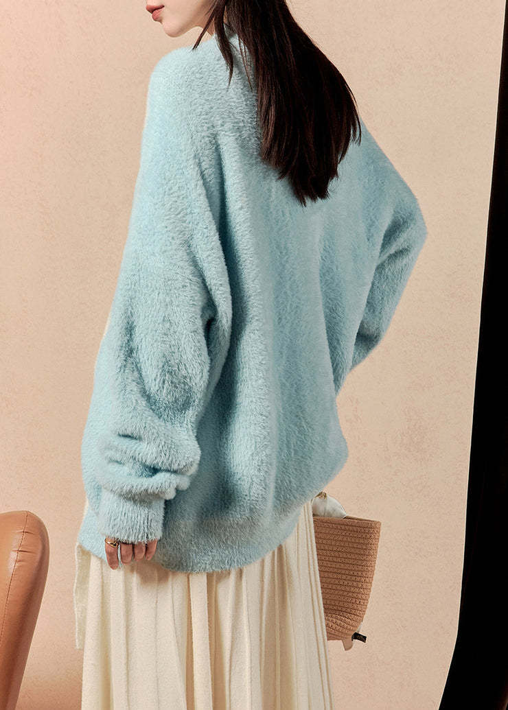 Loose Blue Asymmetrical Front Open Mink Hair Knitted Sweater Winter