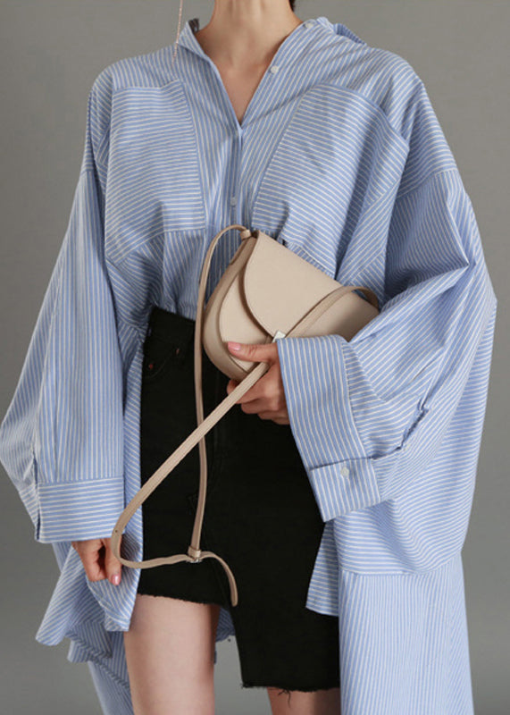 Loose Blue Asymmetrical Striped Cotton Shirts Top Fall