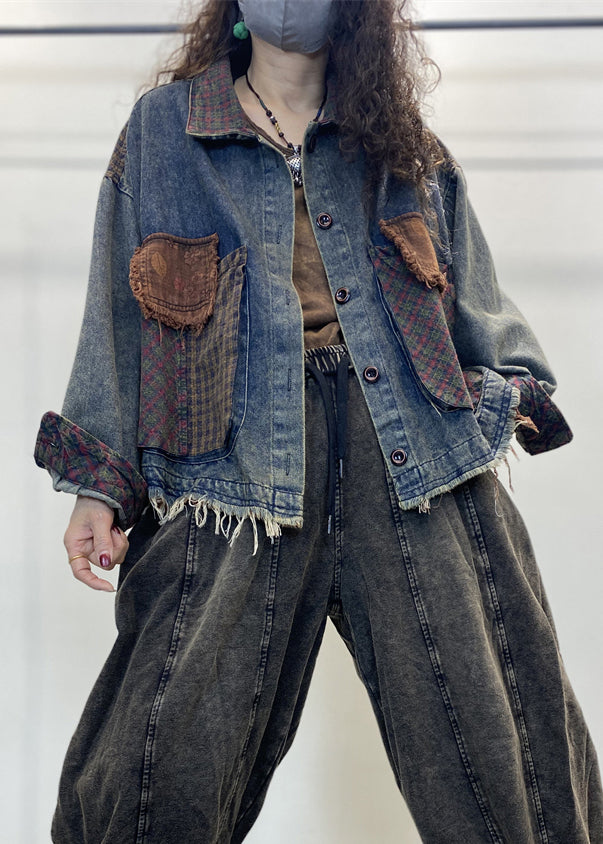 Loose Blue Button Pockets Patchwork Denim Coats Fall