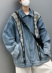 Loose Blue Button Pockets Patchwork Denim Men Coat Fall