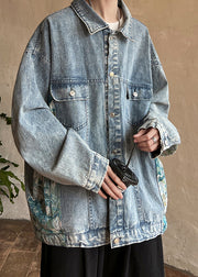 Loose Blue Button Pockets Patchwork Denim Mens Coats Fall