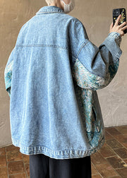 Loose Blue Button Pockets Patchwork Denim Mens Coats Fall