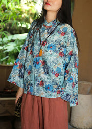 Loose Blue Button Print Patchwork Cotton Shirt Long Sleeve