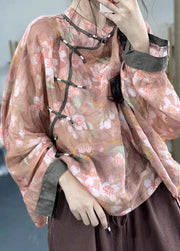 Loose Brown flower Button Print Patchwork Cotton Shirts Long Sleeve
