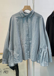 Loose Blue Button Wrinkled Cotton Blouses Spring