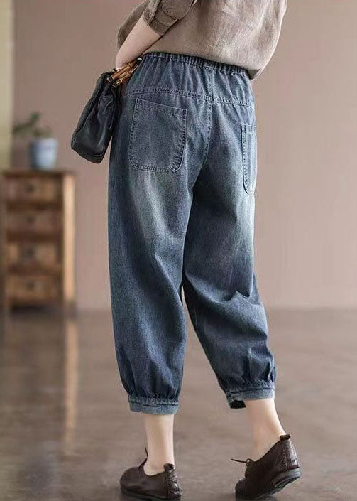 Loose Blue Elastic Waist Pockets Patchwork Applique Cotton Denim Crop Pants Summer