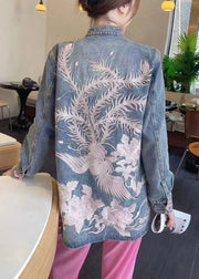 Loose Blue Embroidered Button Denim Coats Long Sleeve