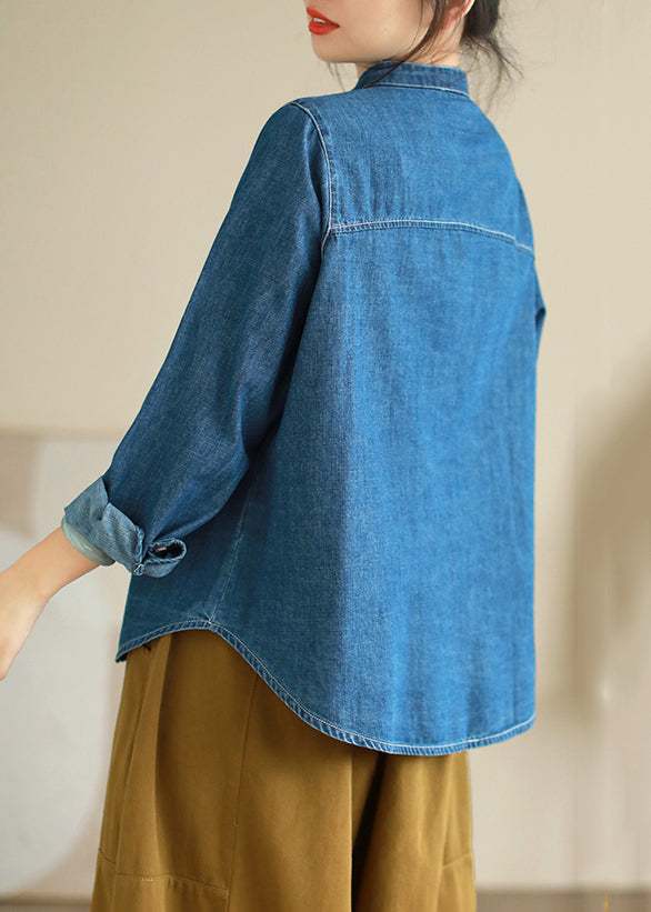 Loose Blue Embroidered Button Denim Shirts Long Sleeve