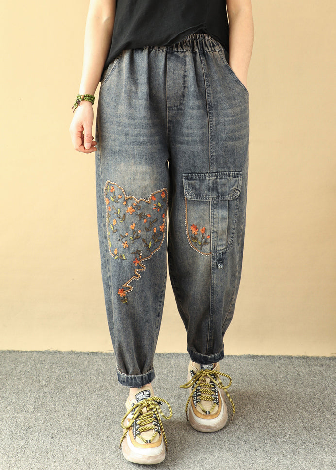 Loose Blue Embroidered Pockets Elastic Waist Denim Pants Spring